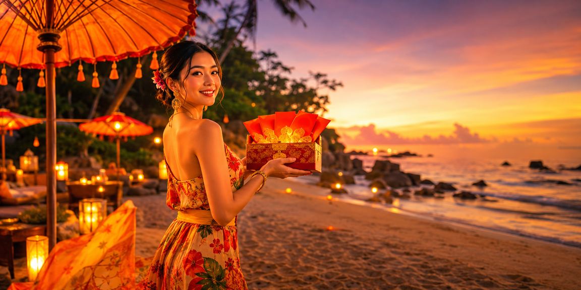 Amplop merah bonus berkilap di tepi pantai sebagai simbol hadiah taruhan olahraga