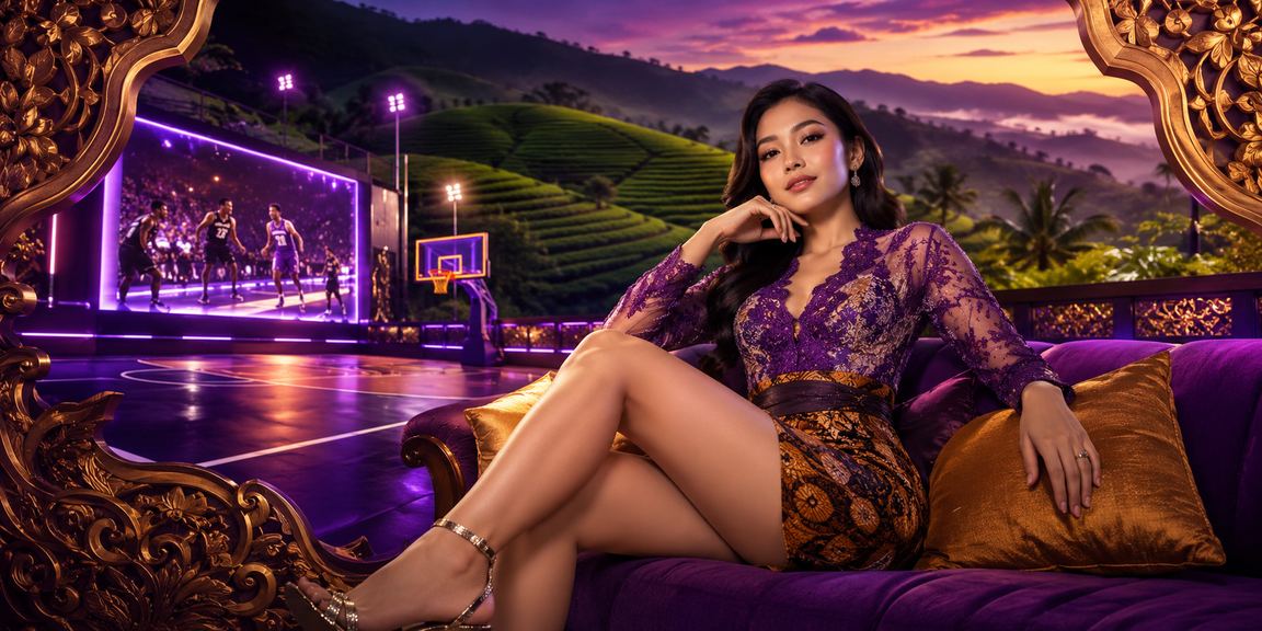 Suasana pertandingan basket dengan layar skor taruhan olahraga berwarna neon cerah